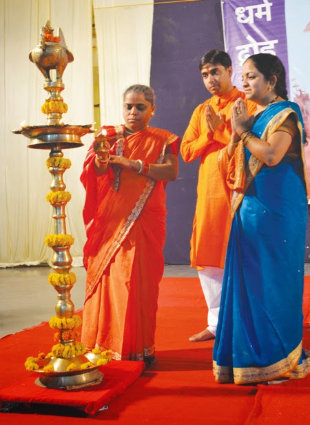 (From Left) Pujya (Kum.) Swati Khadye, Shri. Abhijeet Deshmukh and Sou. Gauri Deshmukh