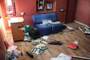 The NDTV office damaged by activists in Ahmedabad