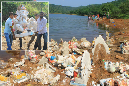  Idols taken out near lake and activists immersing the idols in lake