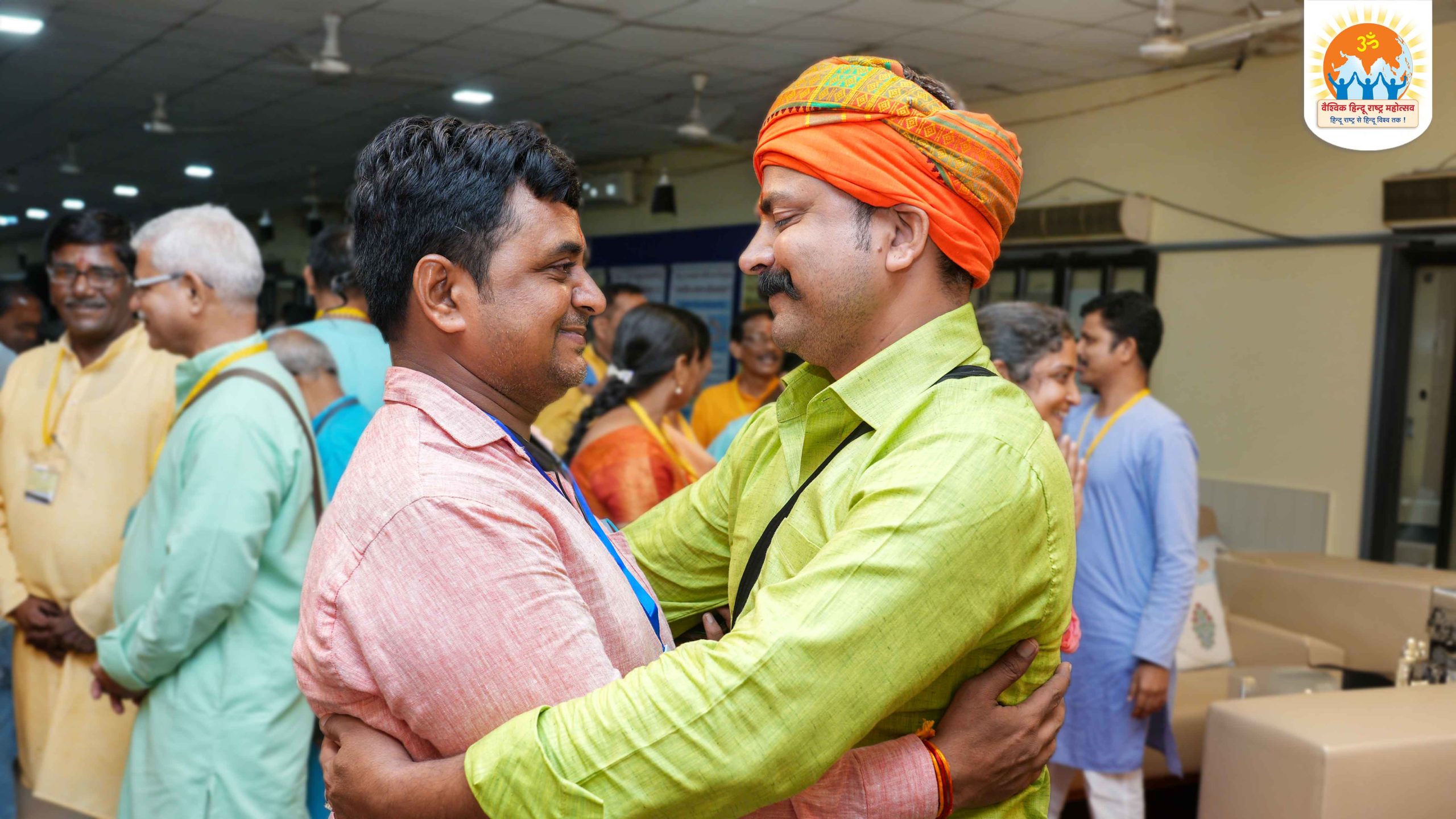 A moment that captures the sense of togetherness developed during the 'Viashvik Hindu Rashtra Mahotsav'; devout Hindu participants from different States experssing their love and respect by hugging oneanother